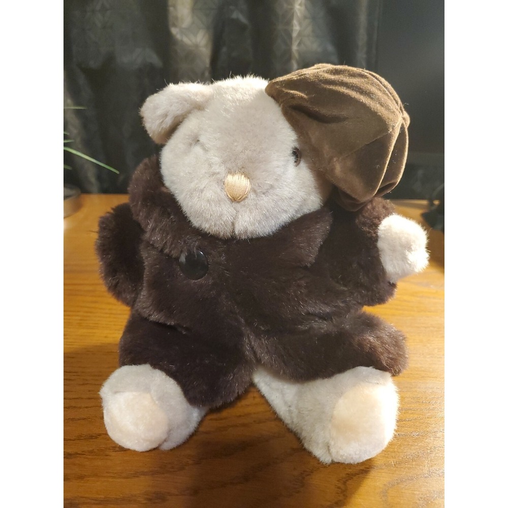 Vintage Unique Mary Meyers Stuffed Brown Bear w/ Brown Overcoat‎ & Hat Beret 12"